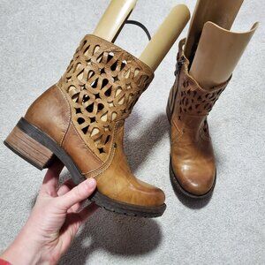 DROMEDARIS Kenza Ankle Boots Booties Leather Cut Out Rustic Brown Women 38EU 7US